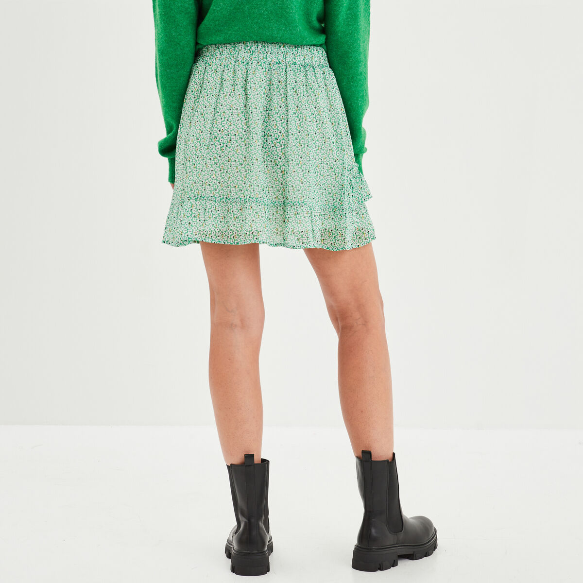 Jupe courte patineuse à volants vert femme