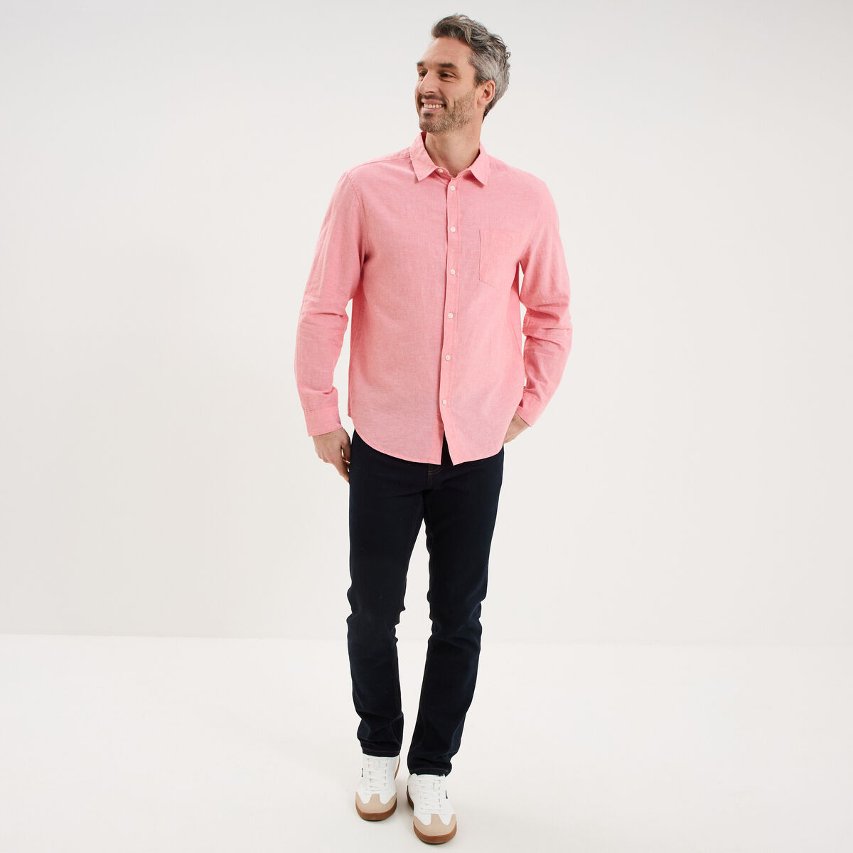 Chemise manches longues lin m&eacute;lang&eacute; rose fushia homme