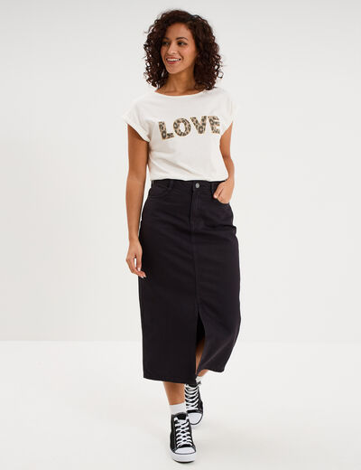 Jupe en jean longue fendue droite denim noir femme