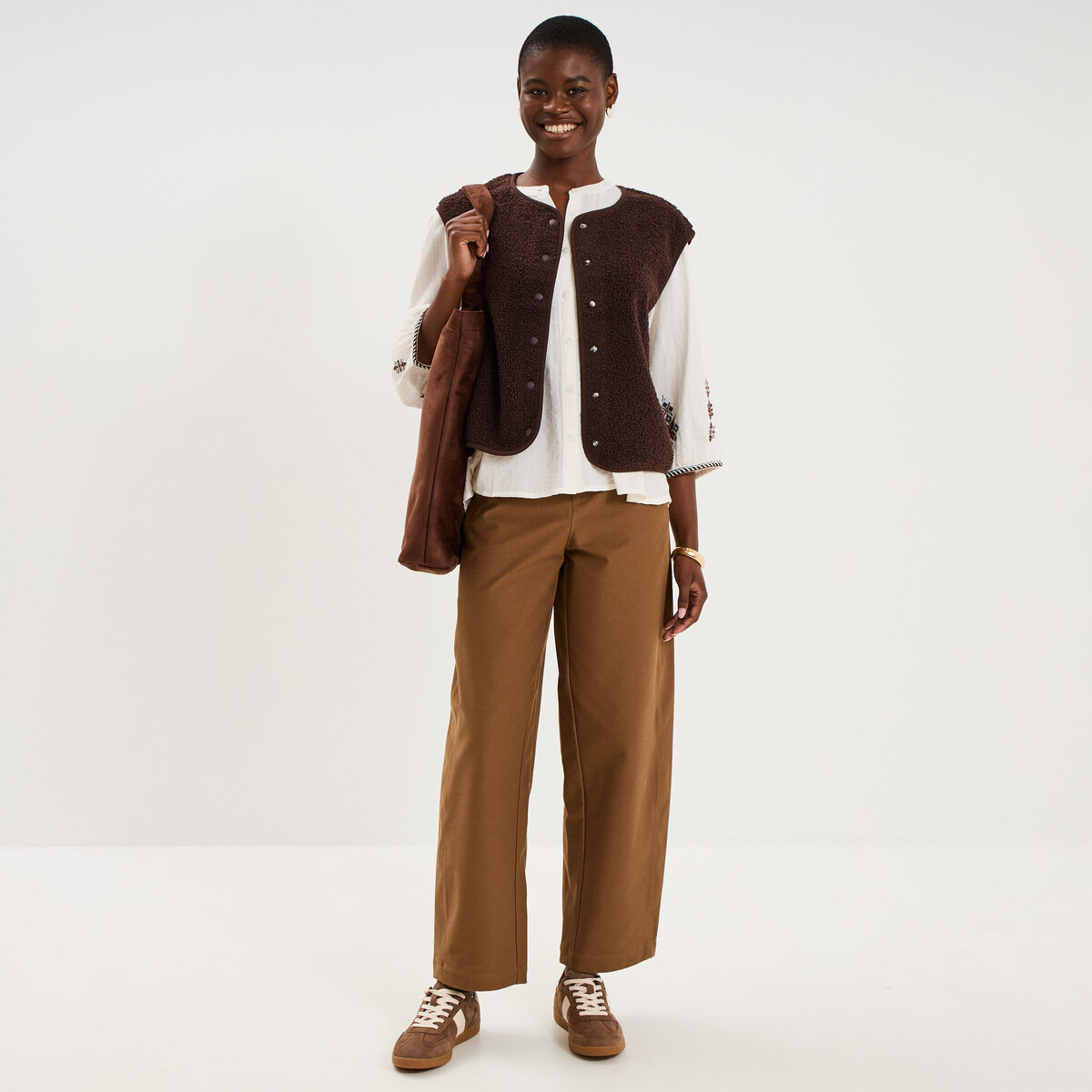 Blouse brod&eacute;e oversize manches 3/4 ecru femme