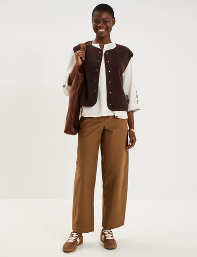 Blouse brod&eacute;e oversize manches 3/4 ecru femme