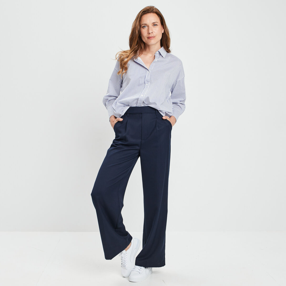 Pantalon large taille haute bleu marine femme