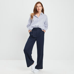 Pantalon large taille haute bleu marine femme