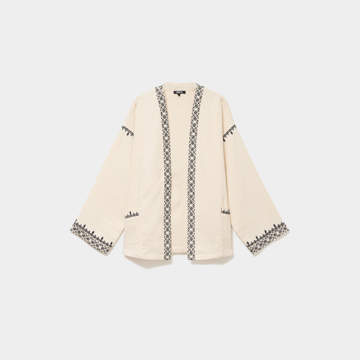Veste esprit kimono brod&eacute;e coton ivoire femme