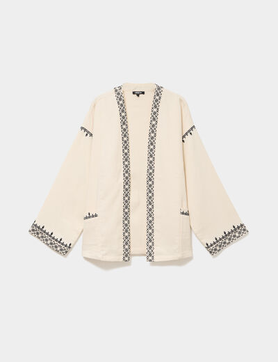 Veste esprit kimono brod&eacute;e coton ivoire femme