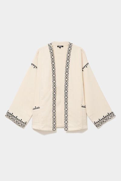 Veste esprit kimono brod&eacute;e coton ivoire femme