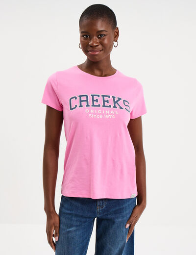 T-shirt col rond manches courtes rose femme
