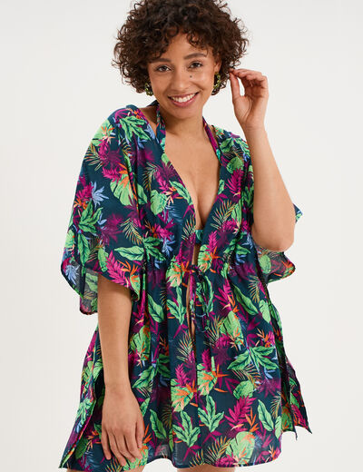 Robe de plage en coton col V bleu p&eacute;trole femme