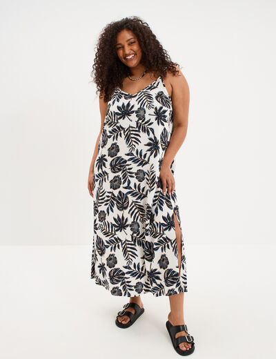 Robe longue fendue fluide bretelles ecru femme grande taille