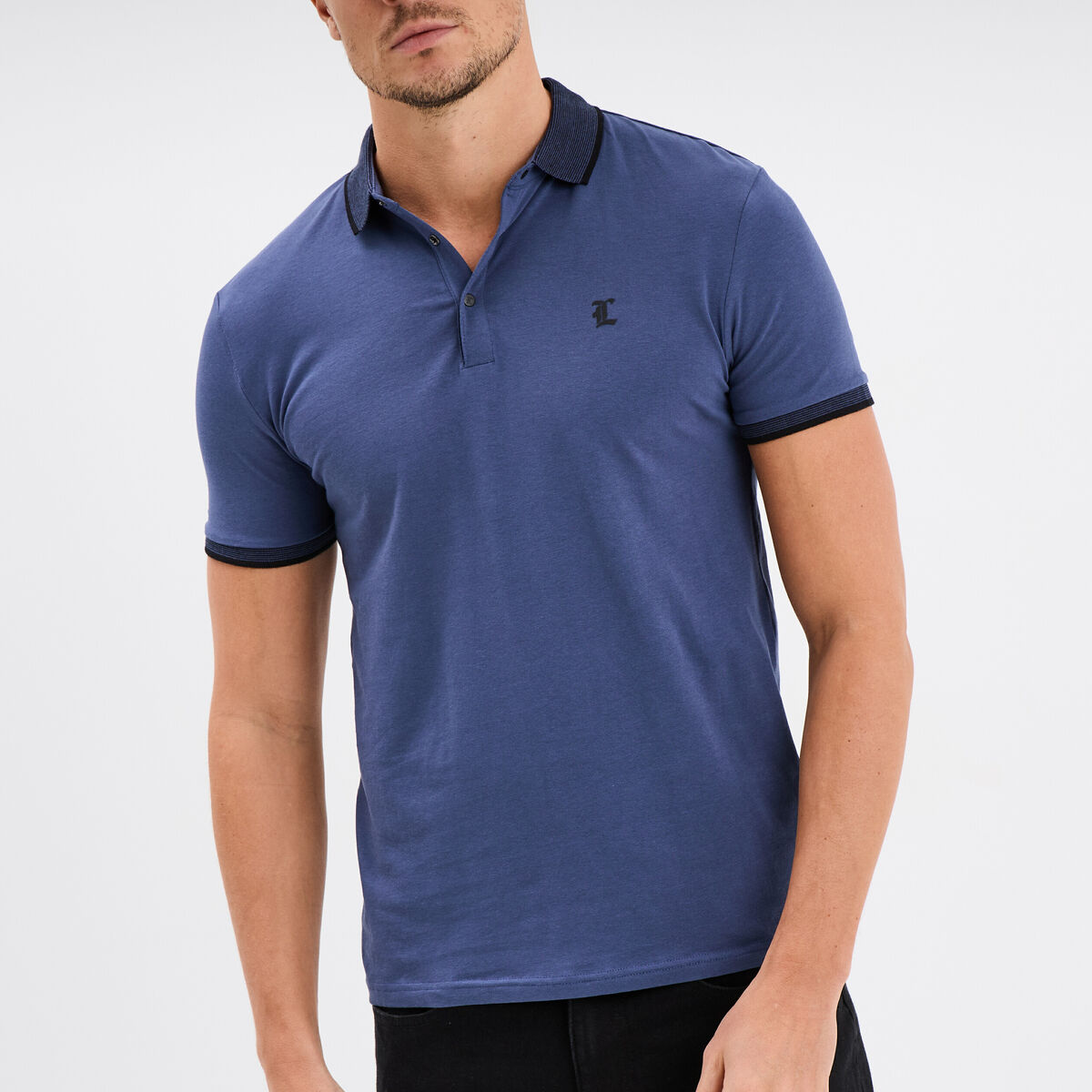 Polo coton stretch droit manches courtes bleu fonc&eacute; homme