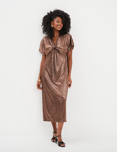 Robe évasée midi dos et col en V terracotta femme