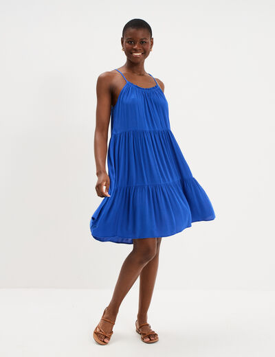 Robe fluide &agrave; volants fines bretelles bleu electrique femme