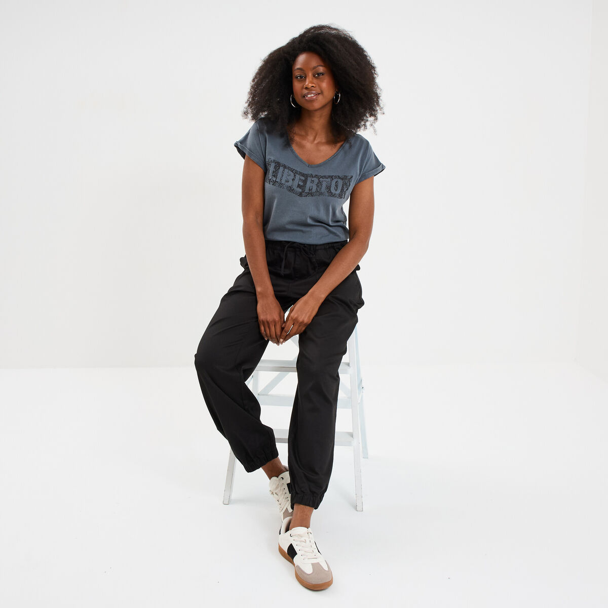Pantalon droit battle taille élastiquée noir femme