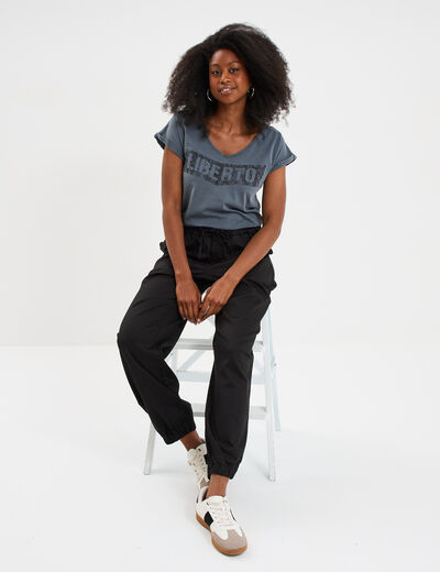 Pantalon droit battle taille élastiquée noir femme