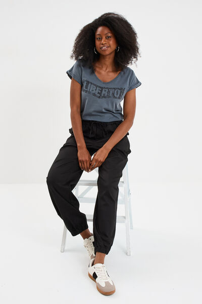 Pantalon droit battle taille &eacute;lastiqu&eacute;e noir femme