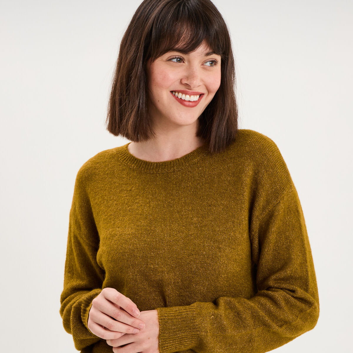 Pull col rond manches longues vert olive femme