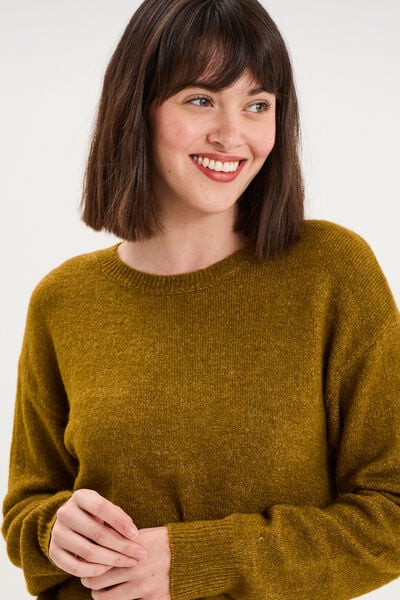 Pull col rond manches longues vert olive femme