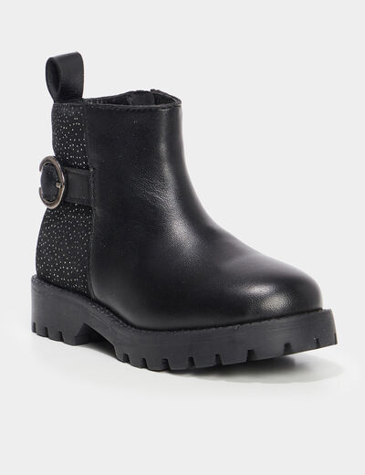 Bottines crantées à strass en cuir noir fille