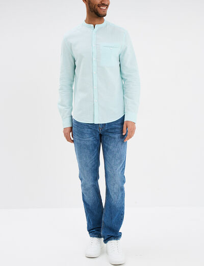 Chemise col mao lin mélangé bleu turquoise homme