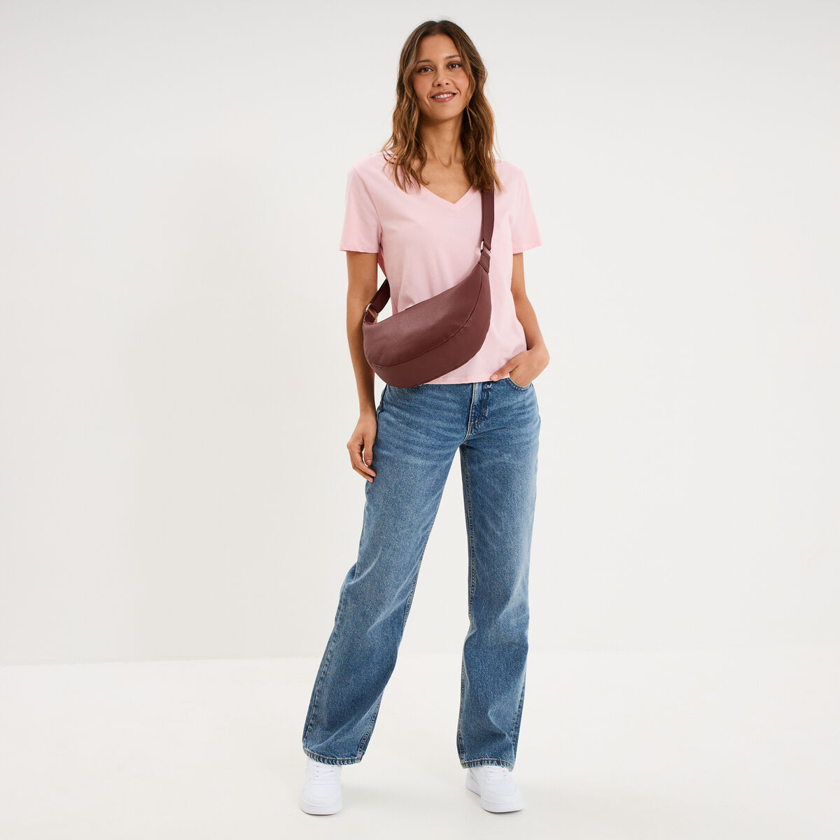T-shirt manches courtes col en V coton rose clair femme