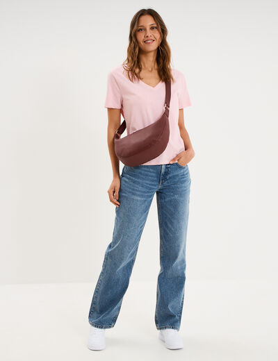 T-shirt manches courtes col en V coton rose clair femme