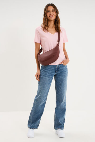 T-shirt manches courtes col en V coton rose clair femme