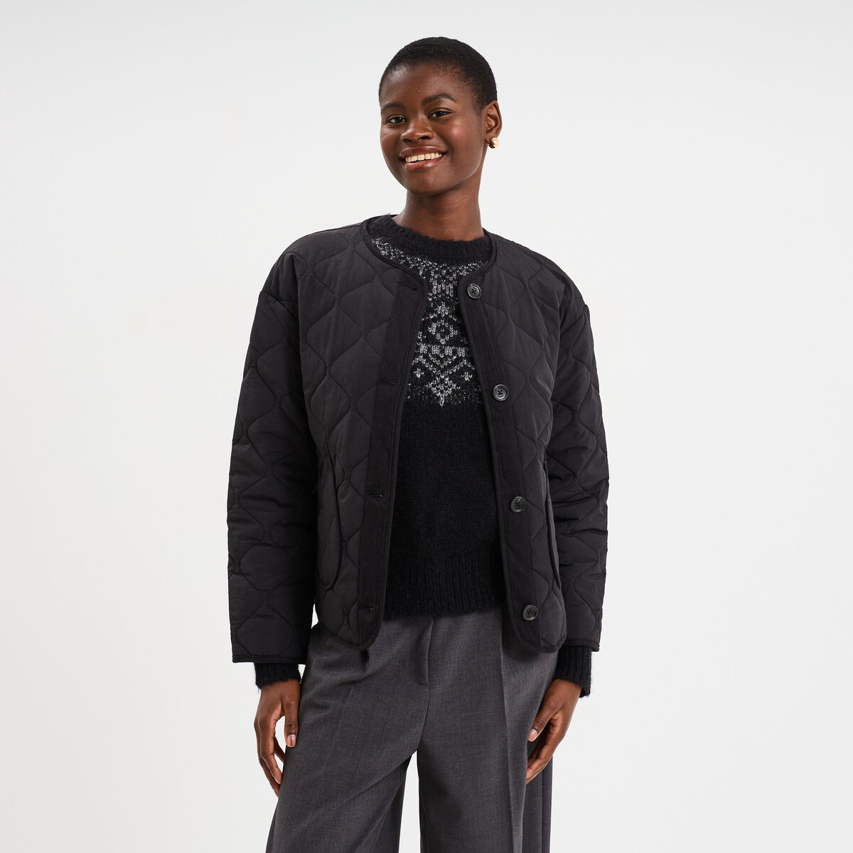 Doudoune boutonnée col rond noir femme