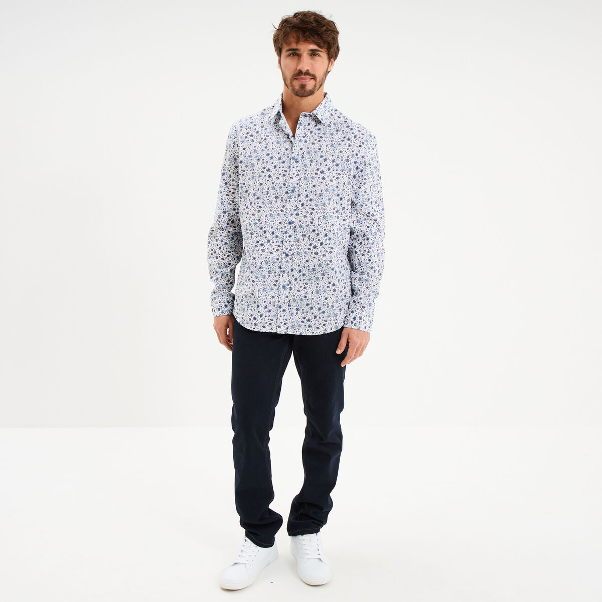 Chemise droite imprim&eacute;e manches longues bleu gris homme