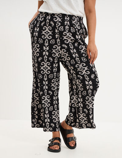 Pantalon large fluide effet gaufr&eacute; noir femme grande taille