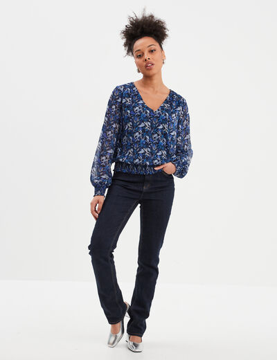 Blouse col en V manches longues bleu femme