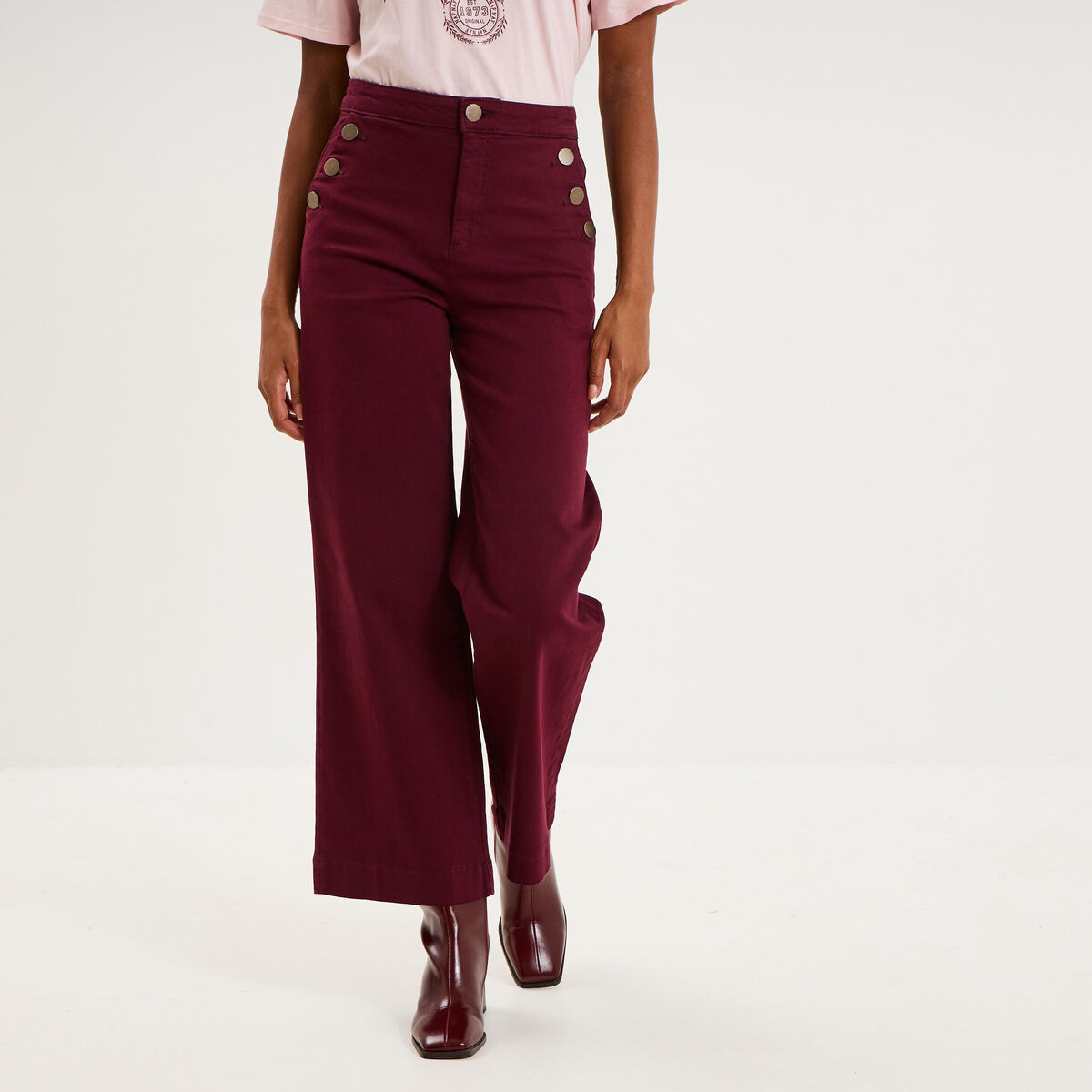 Pantalon wide leg cropped &agrave; boutons violet fonc&eacute; femme