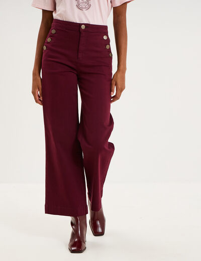 Pantalon wide leg cropped &agrave; boutons violet fonc&eacute; femme