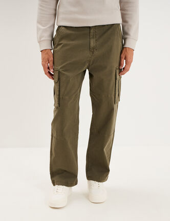 Pantalon cargo large avec poches c&ocirc;t&eacute;s vert kaki homme