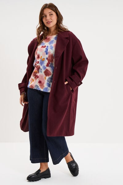 Manteau long col &agrave; revers boutonn&eacute; violet fonc&eacute; femme grande taille