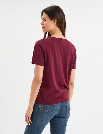 T-shirt manches courtes col en V coton bordeaux femme