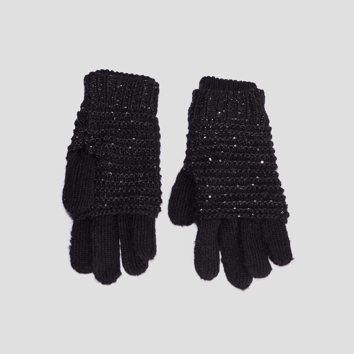 Gants 2-en-1 tricot&eacute;s avec sequins noir femme