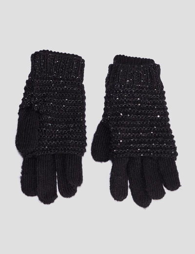Gants 2-en-1 tricot&eacute;s avec sequins noir femme
