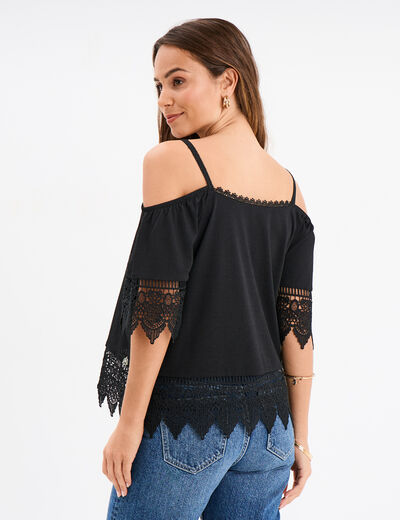 T-shirt col bardot et macramé Mosquitos noir femme