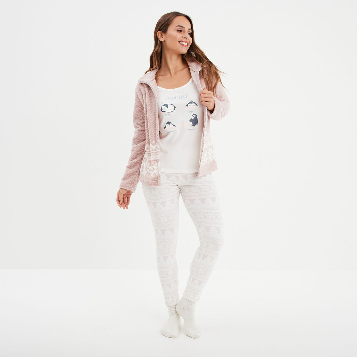 Ensemble pyjama effet polaire 3 pièces rose pastel femme