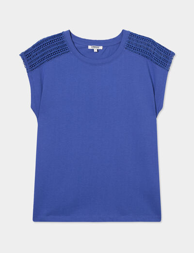 T-shirt épaules broderie coton bleu roi femme