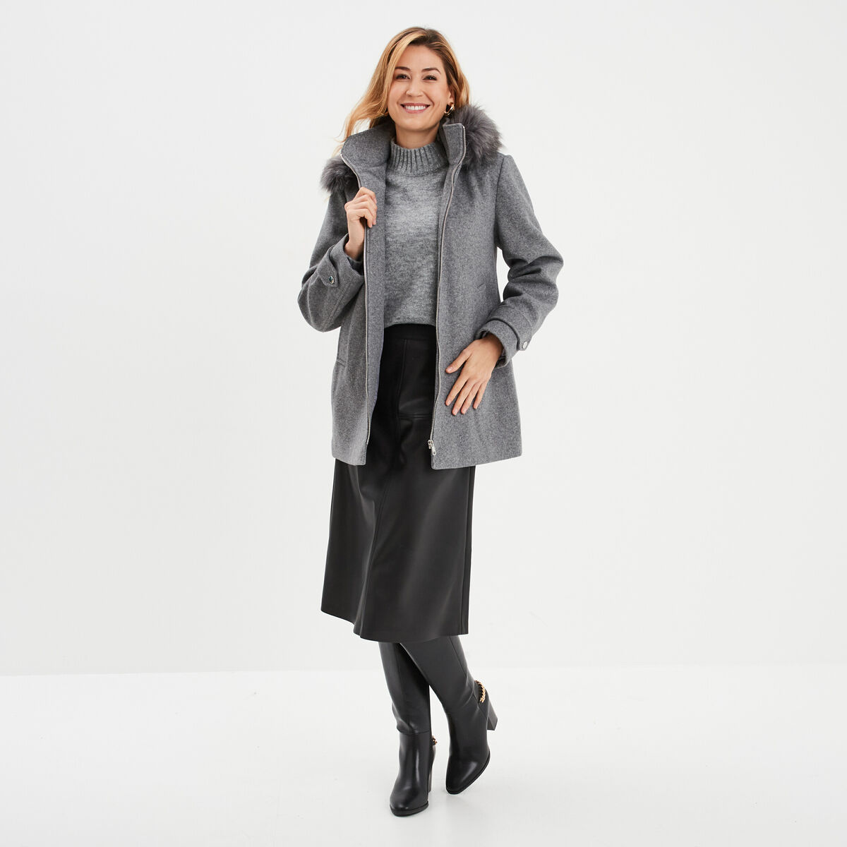 Manteau zipp&eacute; capuche fausse fourrure gris femme