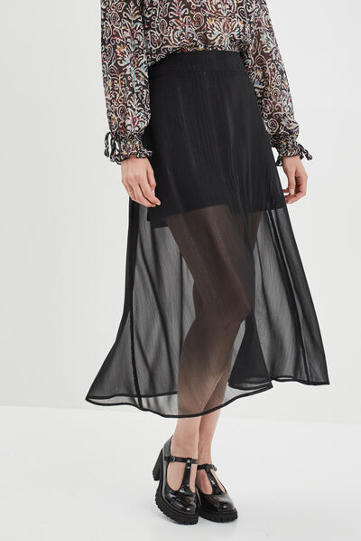 Jupe longue évasée voile doublé noir femme