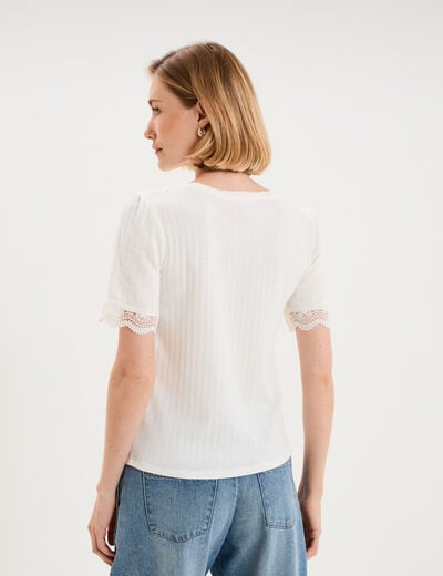 Blouse manches courtes col V dentelle blanc femme