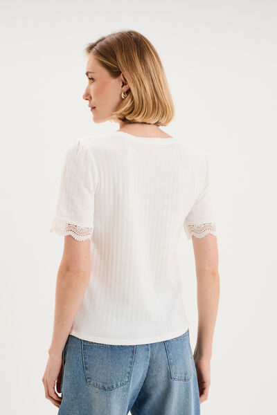 Blouse manches courtes col V dentelle blanc femme