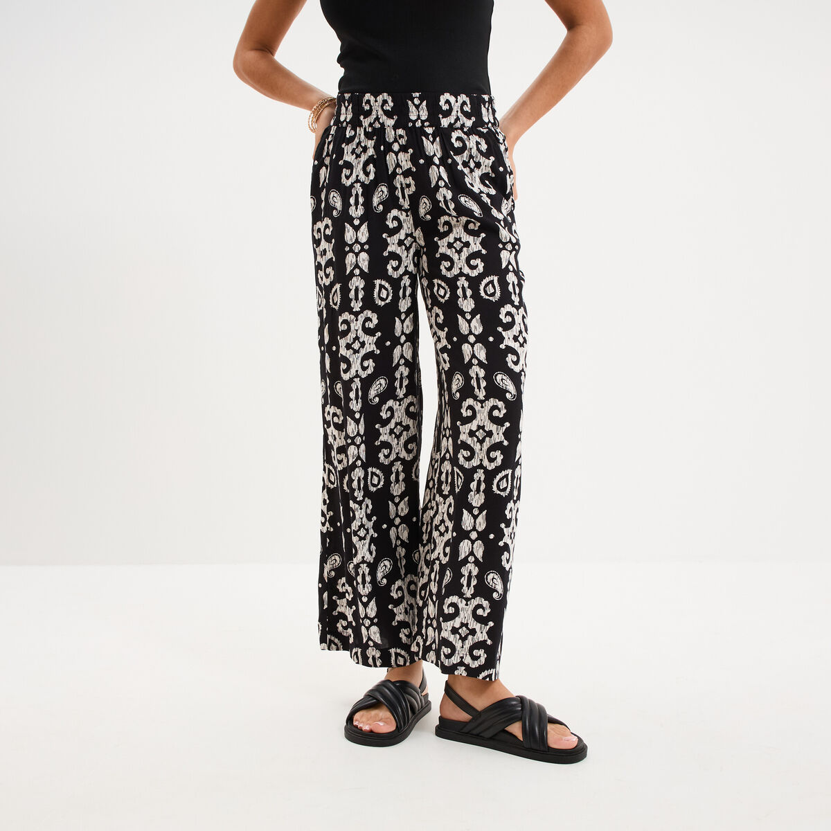 Pantalon fluide large taille &eacute;lastiqu&eacute;e noir femme