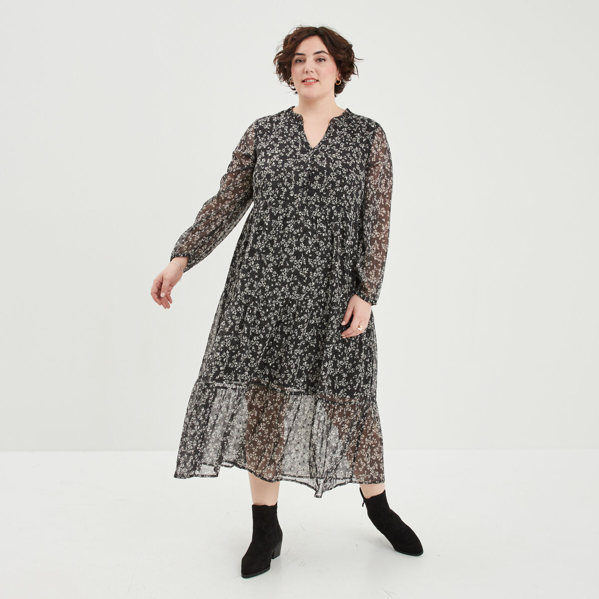 Robe longue évasée manches longues noir femme grande taille