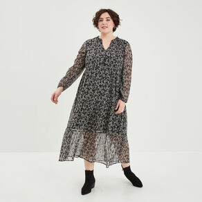 Robe longue évasée manches longues noir femme grande taille