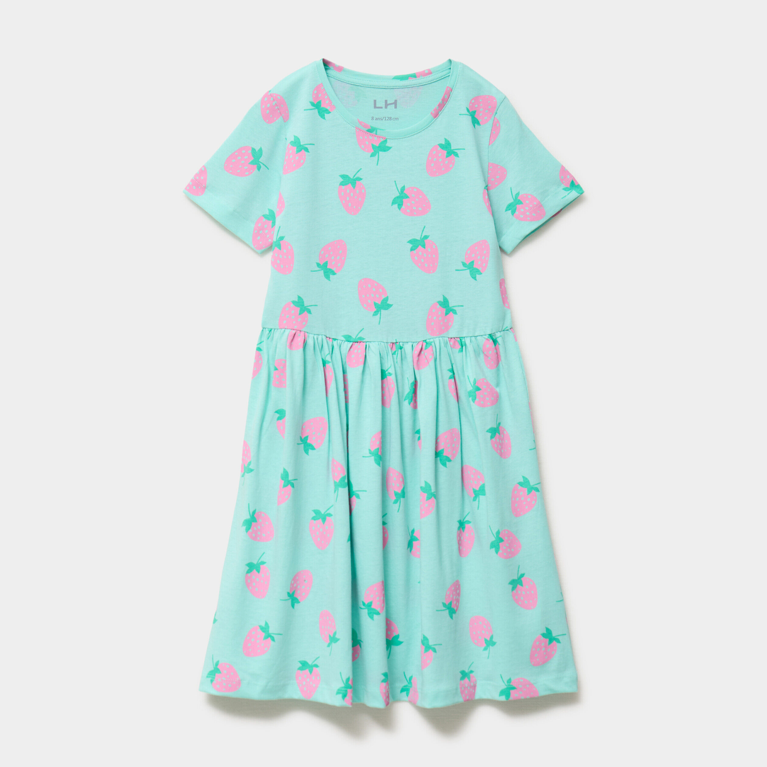 Robe courte évasée manches courtes coton bleu turquoise fille LH