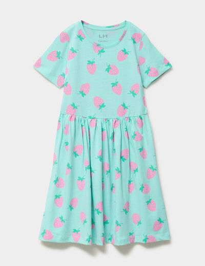 Robe courte &eacute;vas&eacute;e manches courtes coton bleu turquoise fille