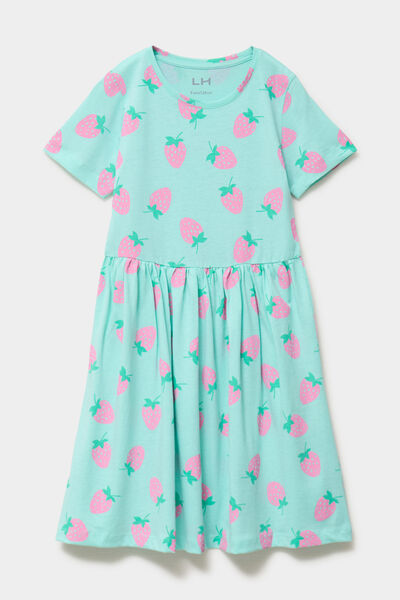 Robe courte &eacute;vas&eacute;e manches courtes coton bleu turquoise fille